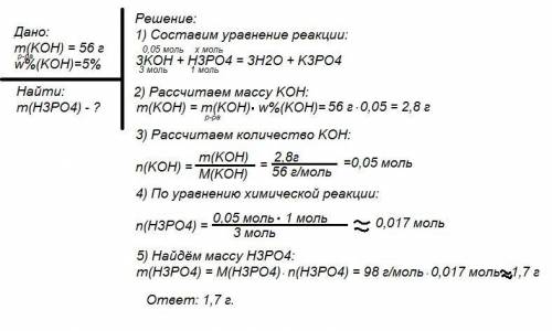 Рассчитать массу фосфорной кислоты, которая вступить в реакцию с раствором гидроксида калия массой 5