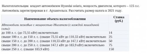 Налогоплательщик владеет автомобилем Hyundai solaris, мощность двигателя, которого – 123 л.с. Автомо