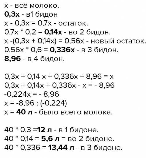 Молоко разлили в 4 бидона: в первый - 30% всего молока, во второй - 20% остатка, в третий - 60% от н