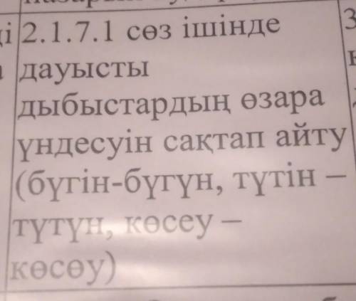 2.1.7.1 сөз ішінде дауысты дыбыстардың өзара үндесуін сақтап айту (бүгін-бүгүн, түтін түтүн, көсеу -