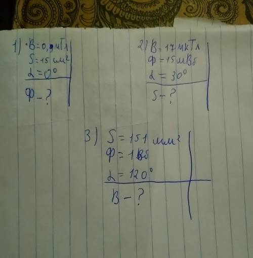 Физика 9 класс лёгкие задачи. В 1) B = 0,9 мТлS = 15см^2Альфа = 0Ф -? В 2) В = 17мкТлФ = 15мВбАльфа