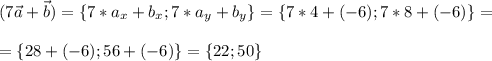 \displaystyle (7\vec a+\vec b)=\{7*a_x + b_x; 7*a_y + b_y\} = \{7*4 + (-6); 7*8 + (-6)\} = =\{28 + (-6); 56 + (-6)\} = \{22; 50\}