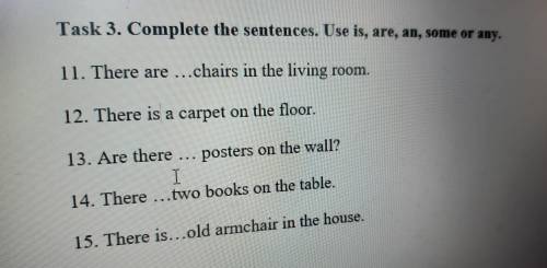 Task 3. Complete the sentences. Use is, are, an, some or any. 11. There are ...chairs in the living