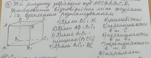 на рисунку зображено куб ABCDA1B1C1D1 установити відповідність між фігурами і їх взаємним розташуван