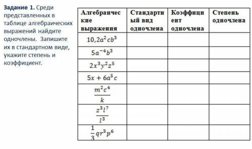 Задание 1. Среди представленных в таблице алгебраических выражений найдите одночлены. Запишите их в