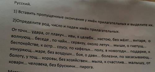 Вставь пропущенные окончания имён прилагательных Выдели их .Определи род число и падеж имён прилагат