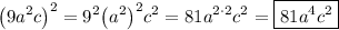 \displaystyle \[{\left( {9{a^2}c} \right)^2}={9^2}{\left( {{a^2}} \right)^2}{c^2}=81{a^{2 \cdot 2}}{c^2}=\boxed{81{a^4}{c^2}}