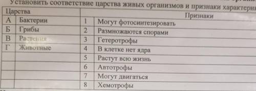 Установить соответствие царства живых организмов и признаки характерные для них