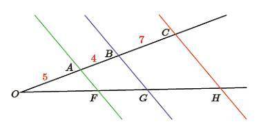 На рисунке AF ║ BE ║ CD, OA = 5, AB = 4, BC = 7. Найди отношение отрезков OF : FH.OF : FH =