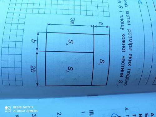 Вікно складається з трьох прямокутних частин, розміри яких подано на рисунку. Вирази площу всього ві
