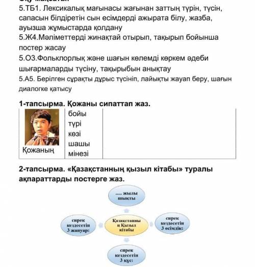 Оқу мақсаты: 5. ТБ1. Лексикалық мағынасы жағынан заттың түрін, түсін,сапасын білдіретін сын есімдерд