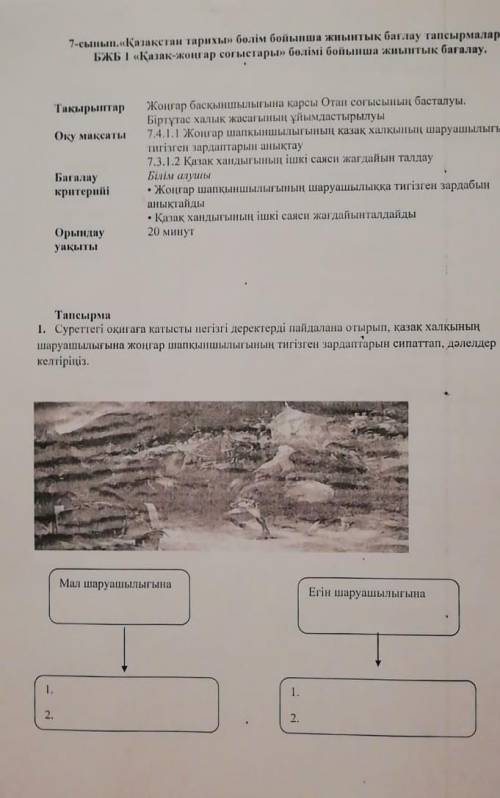 1.Суреттегі оқиғаға қатысты негізгі деректерді пайдалана отырып қазақ халқының шаруашылығына жоңғар