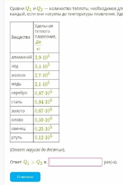 Сравни Q1 и Q2 — количество теплоты, необходимое для плавления цилиндров из меди и стали массой по 7