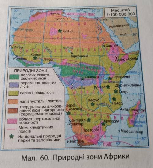 1.Користуючись мал.60 на с. 65, з'ясуйте,яка природна зона займає найбільше площі в Африці,а яка-не