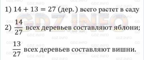 в школьном саду растет 14 яблонь и 13 вишен. Какую часть всех деревьев состовляют 1) яблони; 2) вишн