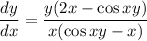 \dfrac{dy}{dx} =\dfrac{ y(2x-\cos xy)}{x(\cos xy -x)}