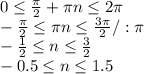 0\leq \frac{\pi }{2} +\pi n\leq 2\pi\\-\frac{\pi }{2} \leq \pi n\leq \frac{3\pi }{2} /:\pi \\-\frac{1}{2} \leq n\leq \frac{3}{2} \\-0.5\leq n\leq 1.5\\