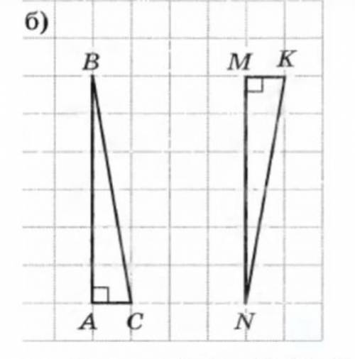 на клеточной бумаге с размером 1х1 нарисовали трекгольник ABC и MNK так , как показано на рисунке. д