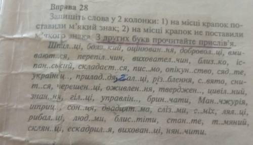 Запишіть слова у 2 колонки: 1) на місці крапок по ставили м'який знак; 2) на місці крапок не постави