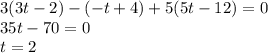 3(3t-2)-(-t+4)+5(5t-12)=0\\35t-70=0\\t=2