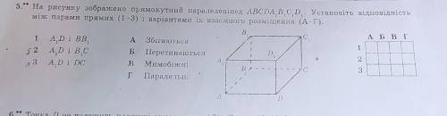 На рисунку зображено прямокутний паралелепіпед ABCDA1B1C1D1. Установіть відповідність між парами пря