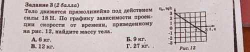 Тело движется прямолинейно под действием силы 18 Н по графику зависимости проекции скорости от време