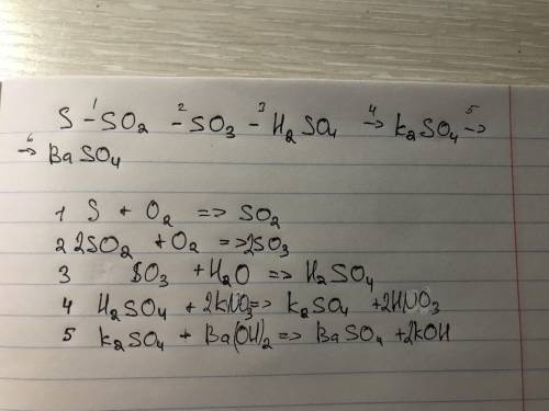 Здійсніть ланцюг перетворень. S → SO 2 → SO 3 → H 2 SO 4 → K 2 SO 4 → BaSO 4