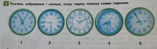 Розглянь зображення і напиши, котру годину показує кожен годинник