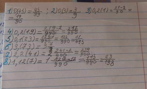 Переодическую дробь в обыкновенную дробь: . 1)0,(45) • 2)0,(3) . 3)0,2(1) 4)0,2(19) 5)0,1(23) . 6)3,