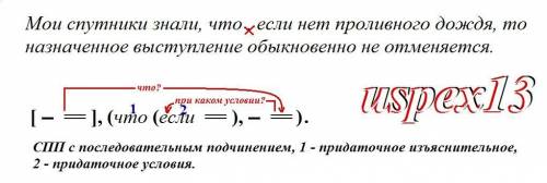 , со схемой предложения и типами придаточных. Мои спутники знали, что , если нет проливного дождя,