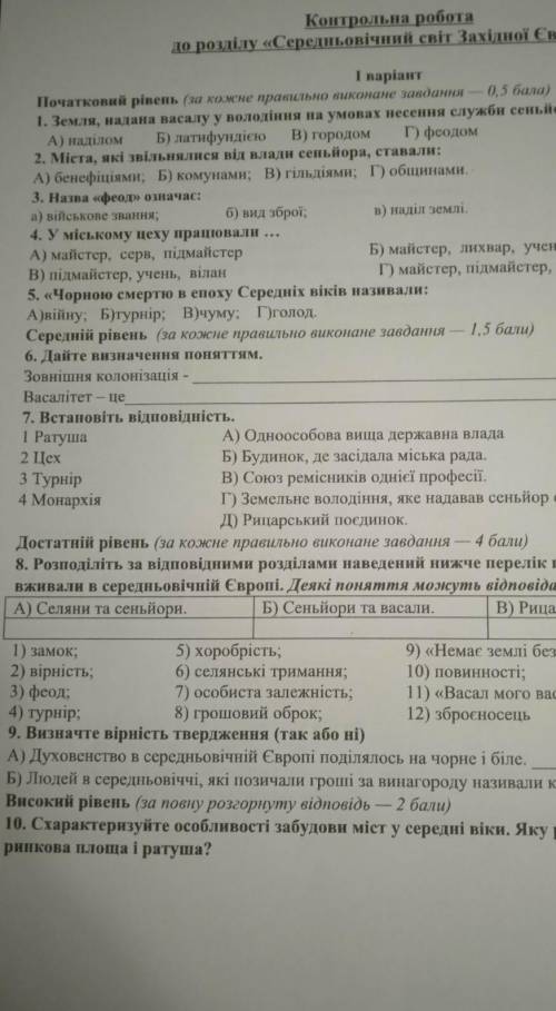 іть будь-ласка Початковий рівень (за кожне правильно виконане завдання — 0, )1. Земля, надана васалу