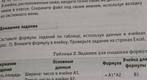 Информатика Домашнее задание Составьте формулы заданий по таблице, используя данные в ячейках (рис.