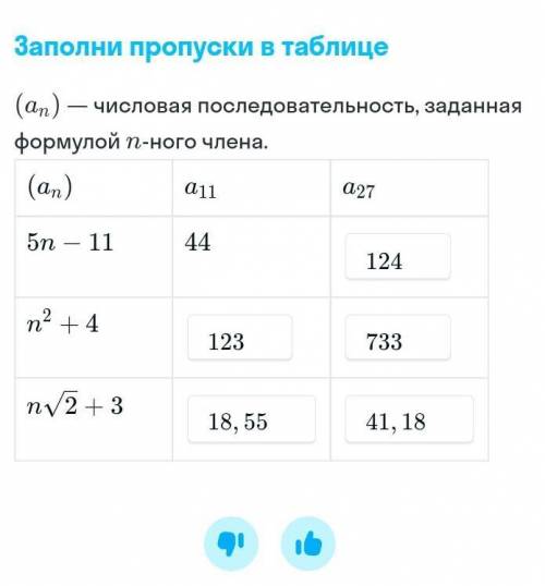 Заполни пропуски в таблице (а) - числовая последовательность, заданная формулой n-ного члена.