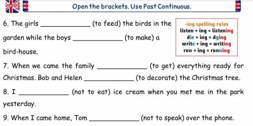 6. The girls ＿ … (to feed) the birds in the garden while the boys ＿ ＿ (to make) a die + ing = dying