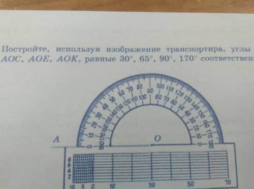 Постройте, используя изображение транспортира, углы АОВ, АОС, АОЕ, Аок, равные 30°, 65, 90, 170° соо