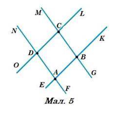 На Мал. 5 АВ║СD і AD║BC. Запишіть: а) паралельні відрізки; б) три пари паралельних промені в) дві па