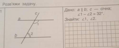 Дано: a || b; c — січна; — ≤1 - ≤2 = 32º. Знайти: ≤1, ≤2.