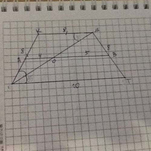 Діагональ рівнобічної трапеції ділить її гострий кут навпіл, а середню лінію - на відрізки 4 см і 5
