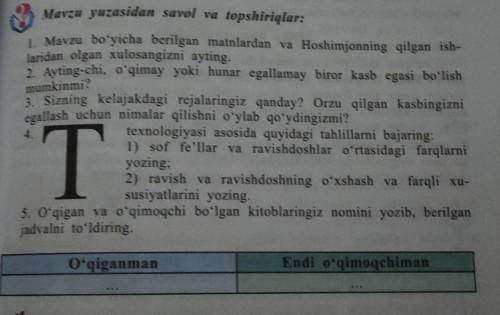 Mavzu yuzasidan savol va topshiriqlar: 1. Mavzu bo'yicha berilgan matnlardan va Hoshimjonning qilgan