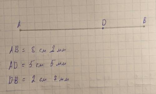 2.Накресліть відрізок АВ довжиною 8 см 2 мм. Позначте на ньому точку D. Запишіть усі відрізки, що ут