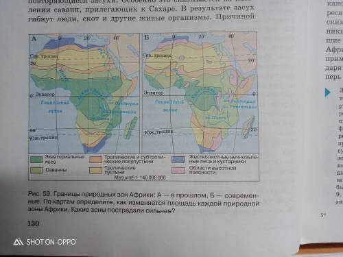 По картам определите, как изменяется площадь каждой природной зоны Африки. Какие зоны пострадали сил