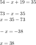 54-x+19=3573-x=35\\\-x=35-73-x=-38x=38