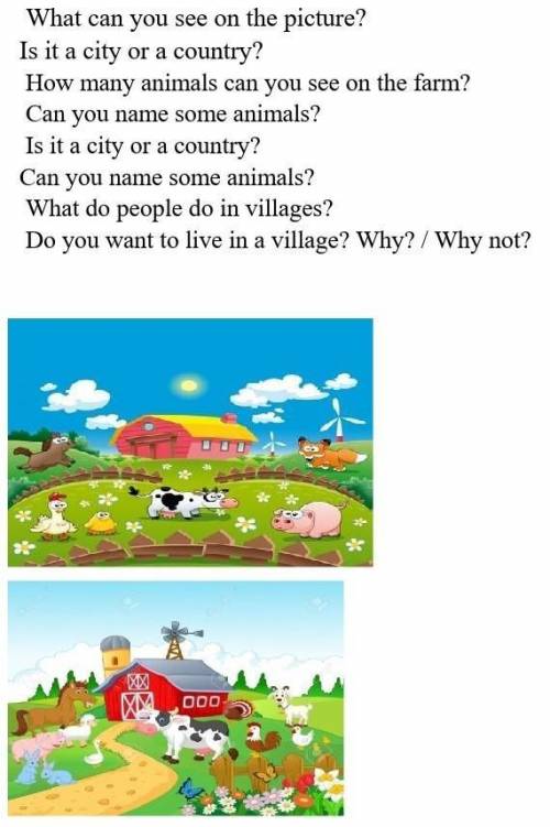 Сор What can you see on the picture? Is it a city or a country? How many animals can you see on the