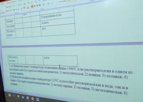 1) тип кристаллической решётки 2) тип частиц в узлах решётки 3) вид химической связи между частицами