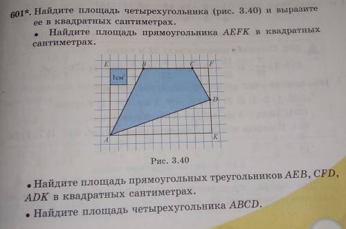 601*. Найдите площадь четырехугольника (рис. 3.40) и выразите ее в квадратных сантиметрах. Найдите п