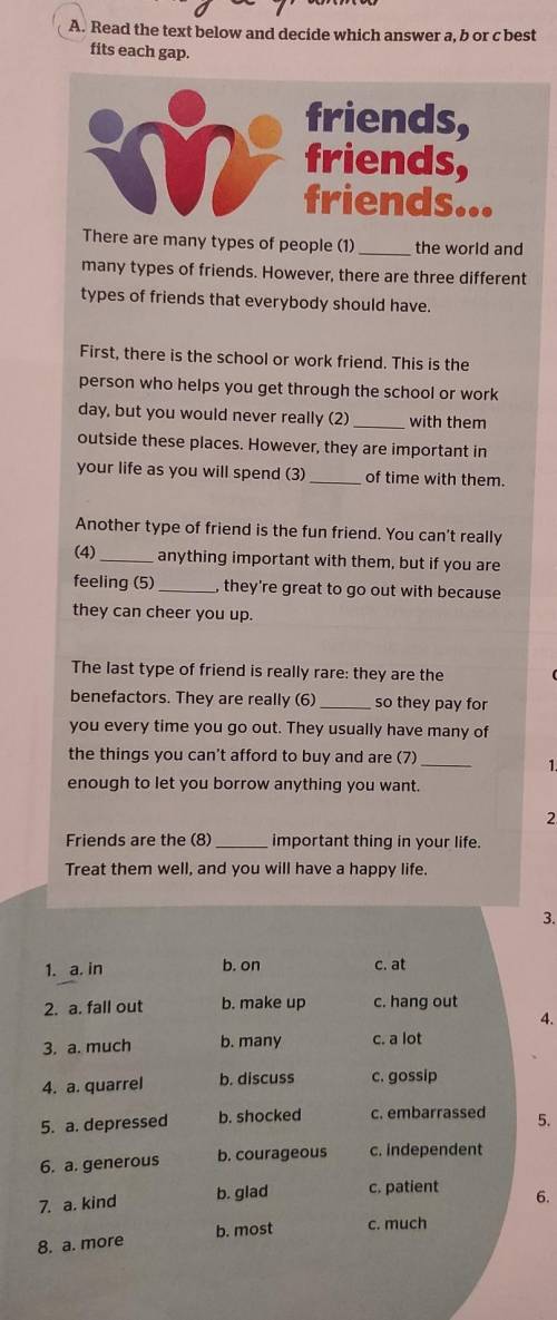 A. in b. onc. at2. a. fall outb. make upc. hang out3. a. muchb. manyc. a lot4. a. quarrelb. discussc