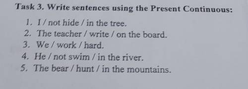 Task 3. Write sentences using the Present Continuous: 1. I/ not hide / in the tree. 2. The teacher /