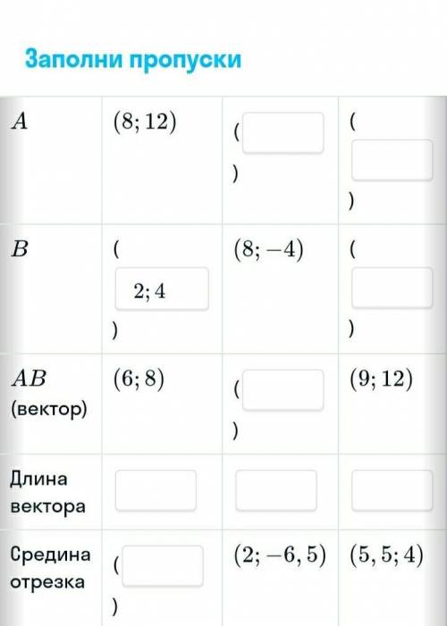 Заполните пропуски. А 8;12В 2;4, 8;-4