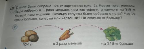 С поля было соброно 924 кг кортофеля (рис. 2). Кроме того, моркови было собрано в 3 раза меньше, чем