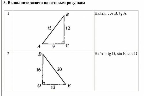 Выполните задачи по готовым рисункам 1 Найти: cos В, tg А 2 Найти: tg D, sin E, cos D